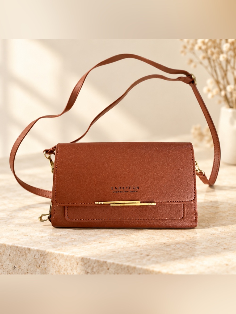 Endaycon Brown Faux Leather Crossbody Phone Wallet Purse Double Zip NWOT